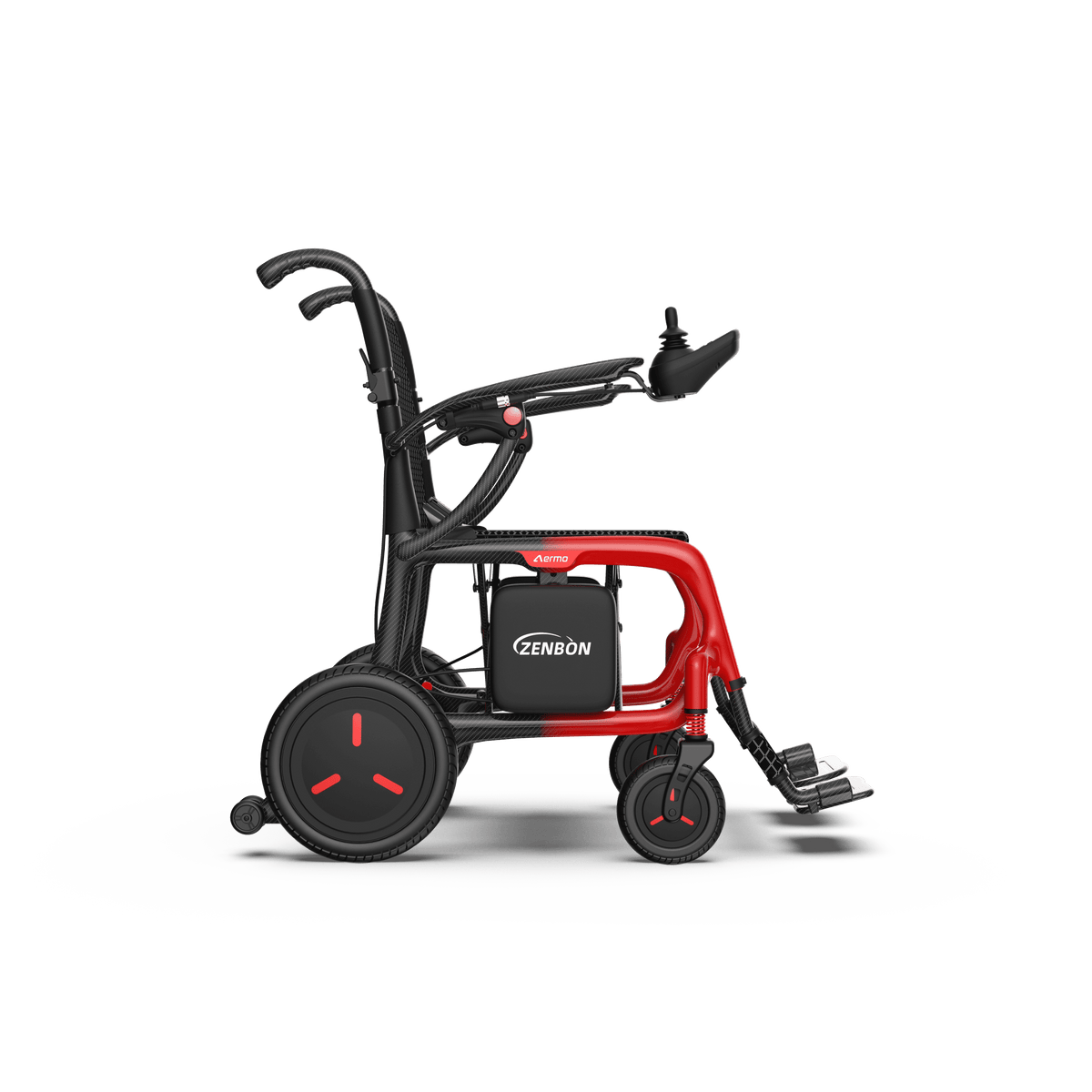 ZENBON AeroLite carbon fiber electric wheelchair, side view with footrest and joystick