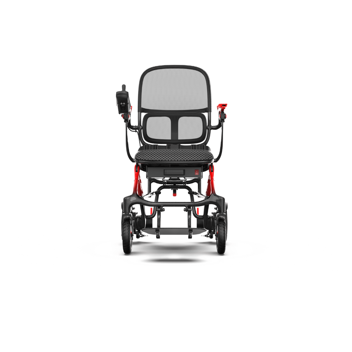 Rear view of the ZENBON AeroX carbon fiber electric wheelchair showing the backrest and frame