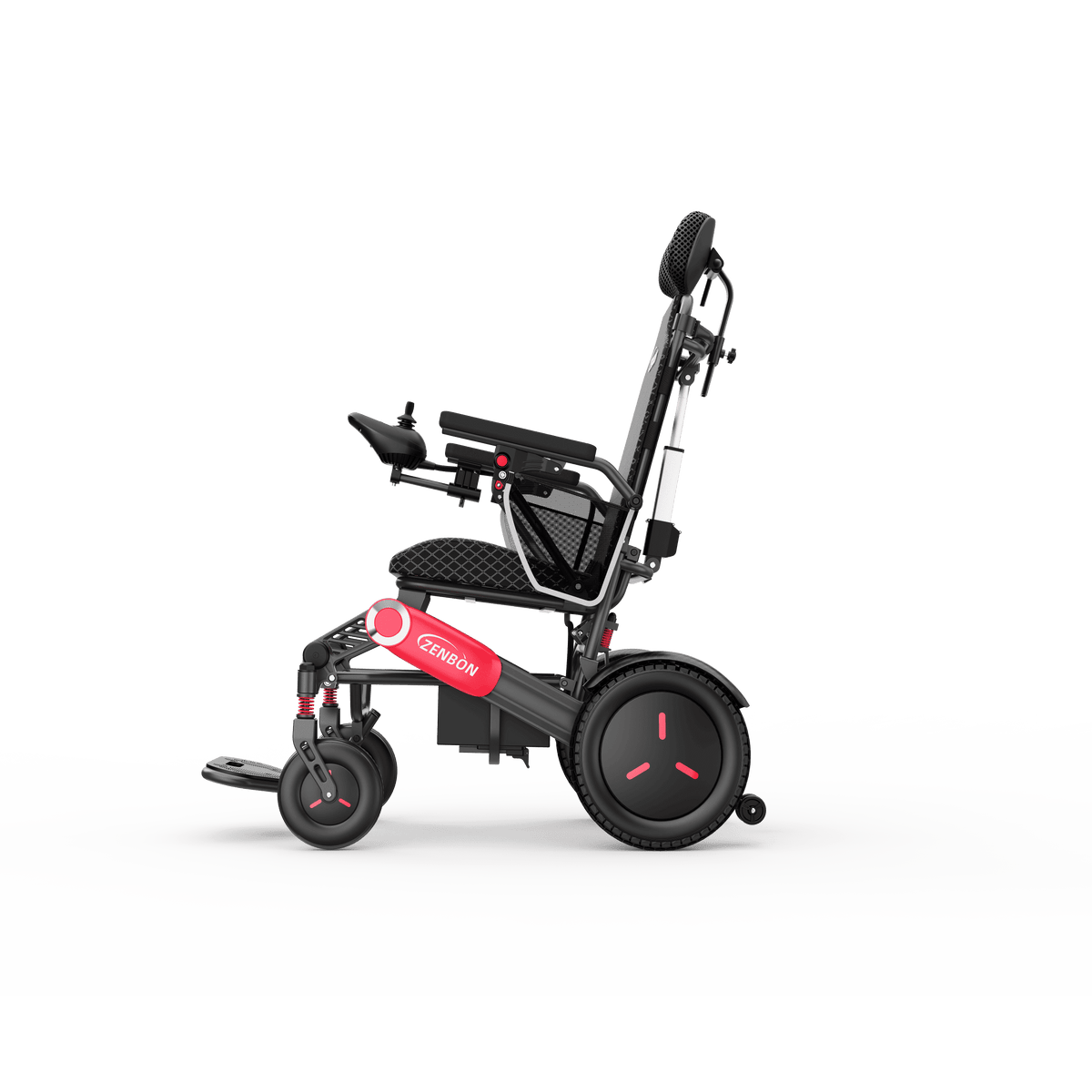 ZENBON Flex Elite lightweight electric wheelchair side view with powerful rear wheels