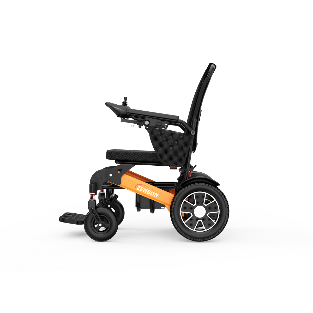 Side view of the ZENBON Flex Pro aluminum folding electric wheelchair