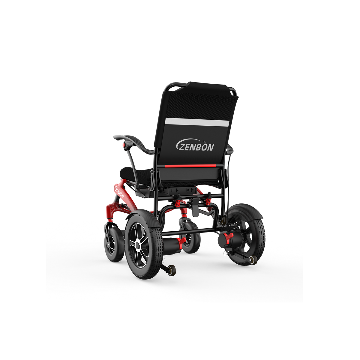 Rear three-quarter view of the ZENBON FoldX Pro compact electric wheelchair