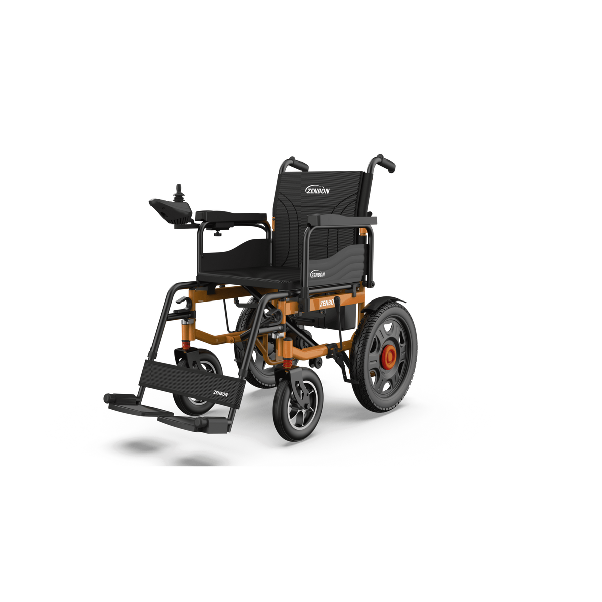 ZENBON Titan Pro heavy-duty electric wheelchair in black and orange