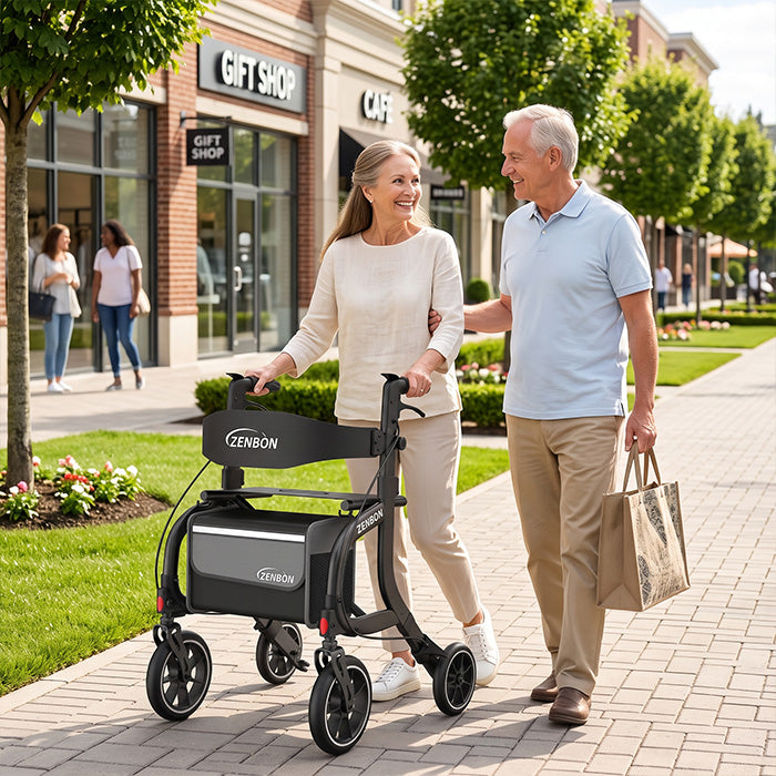 Senior couple walking outdoors with ZENBON Stride Pro black rollator walker