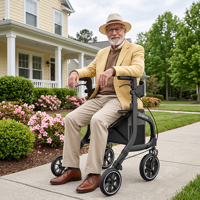 Senior resting on ZENBON Stride Pro black rollator walker with seat