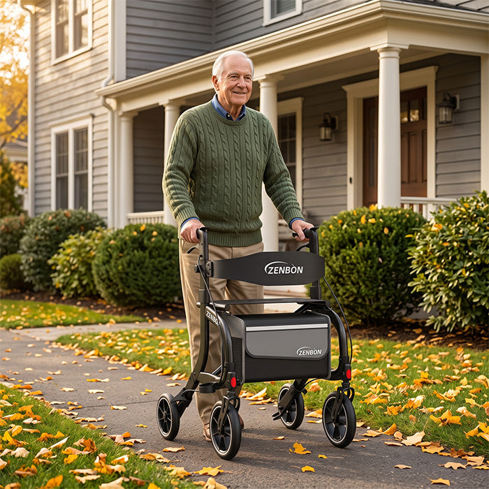 Senior using ZENBON Stride Pro black rollator walker outdoors