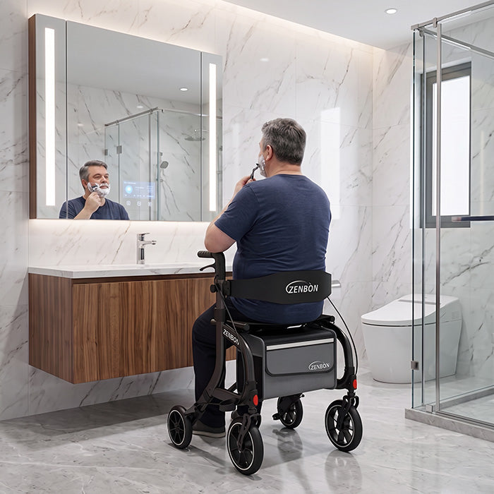 Senior using ZENBON Stride Pro black rollator walker with seat indoors