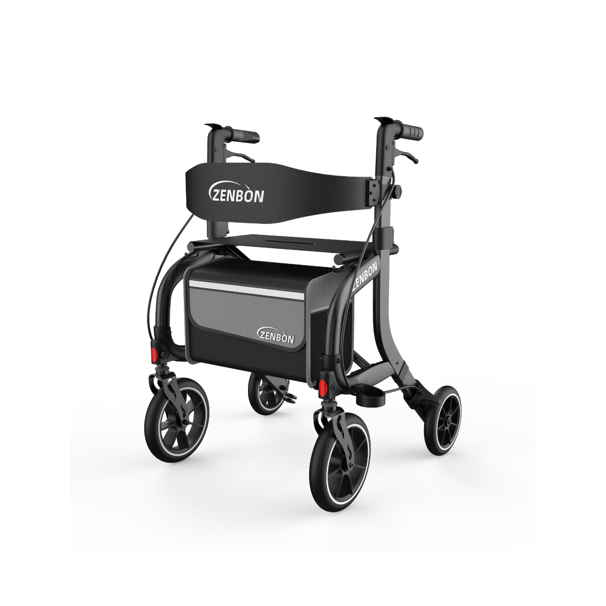 ZENBON Stride Pro black premium rollator walker with seat angled view