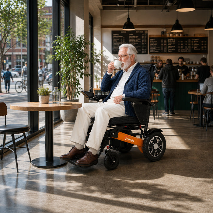 ZENBON Flex Pro portable electric wheelchair used during shopping trips