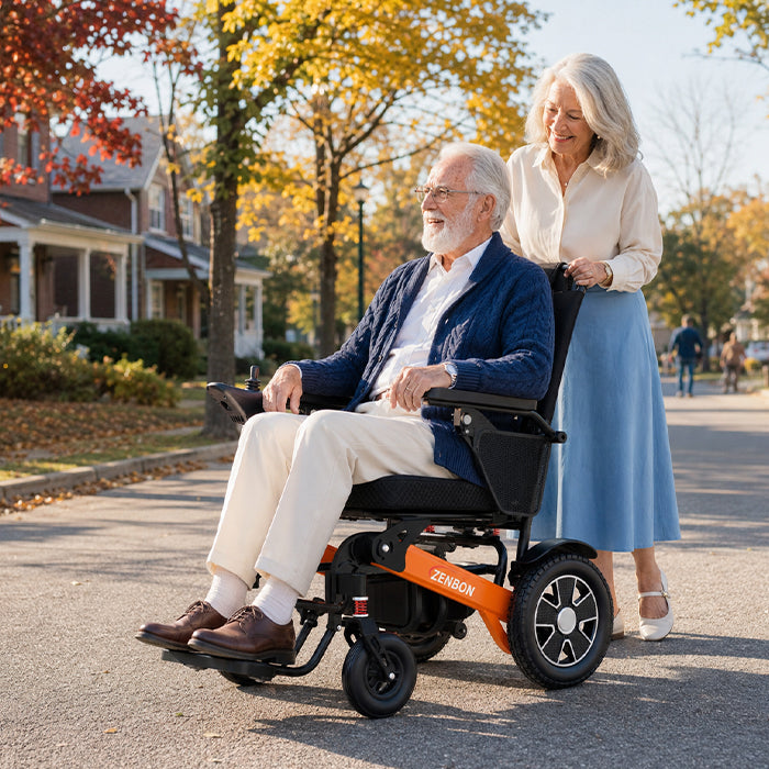 Couple using a ZENBON Flex Pro folding electric wheelchair for daily activities