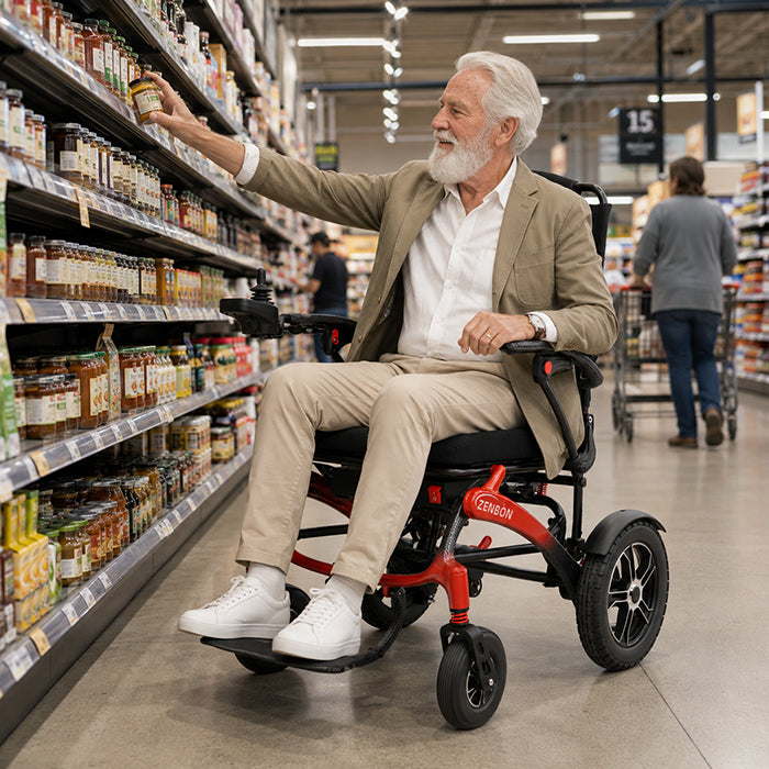 Adult grocery shopping with the ZENBON FoldX Pro electric wheelchair
