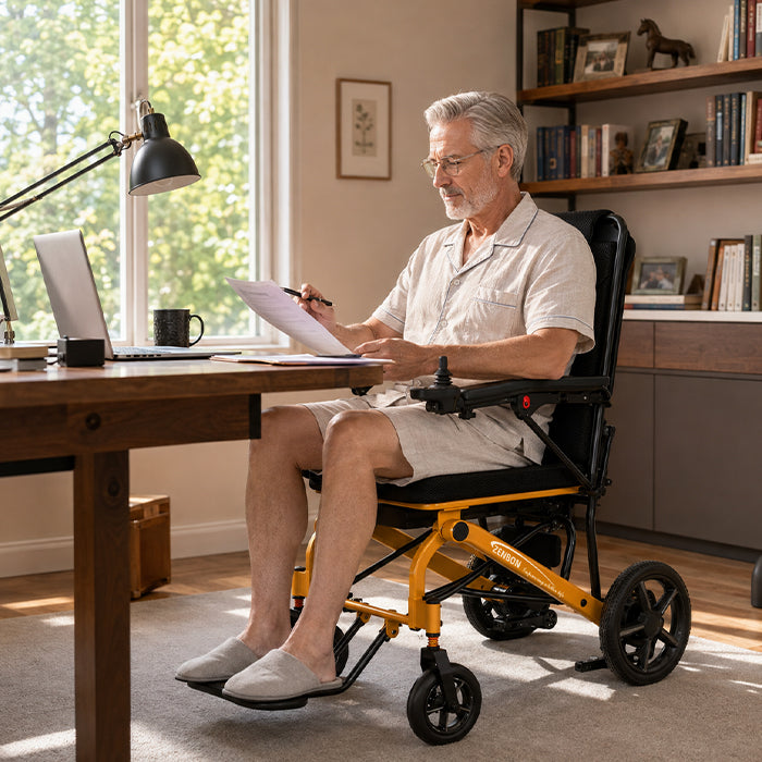 Adult man using the ZENBON Flex Travel electric wheelchair at home