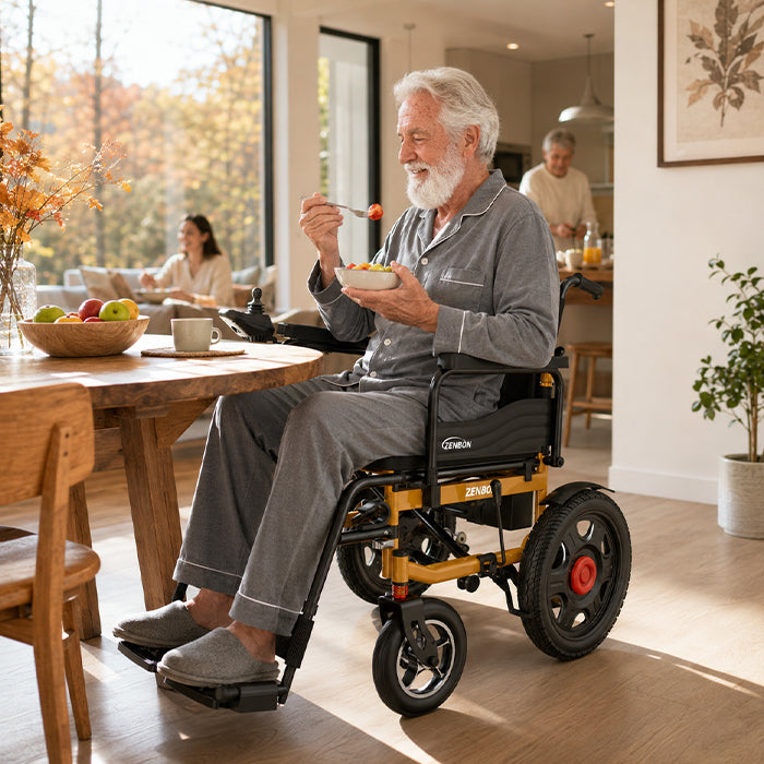 Senior man using the ZENBON Titan Pro electric wheelchair indoors