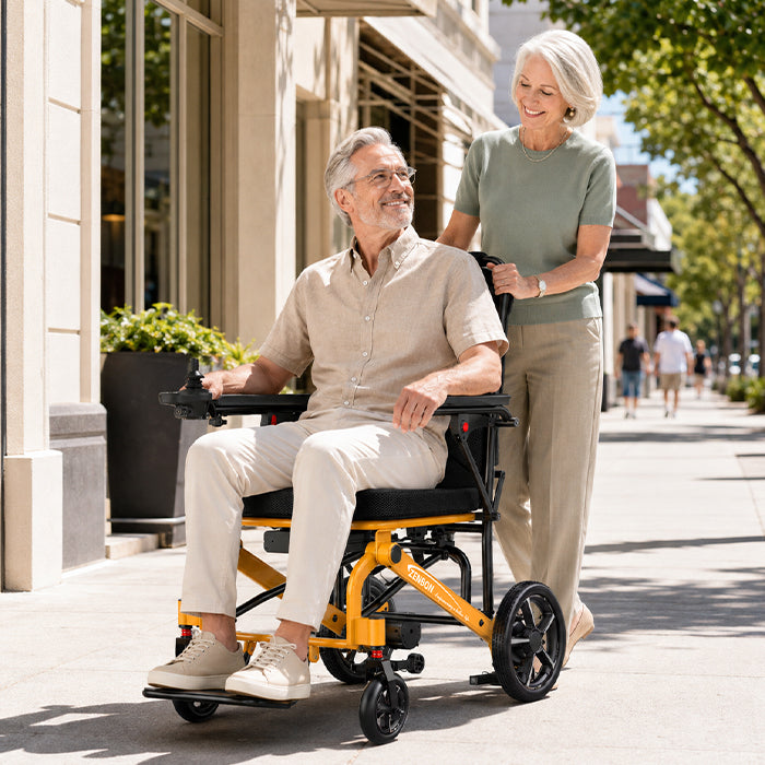 Senior woman and caregiver with the ZENBON Flex Travel electric wheelchair outdoors