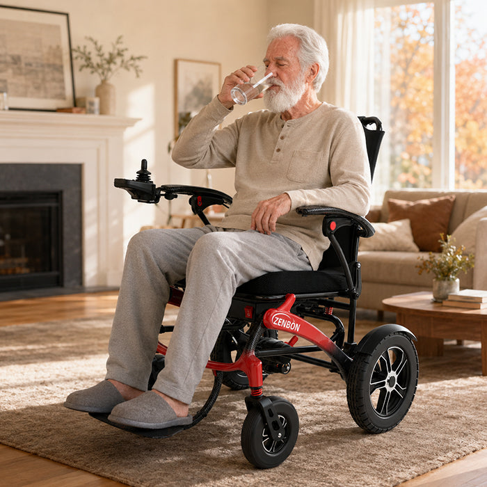Adult using the ZENBON FoldX Pro electric wheelchair indoors at home