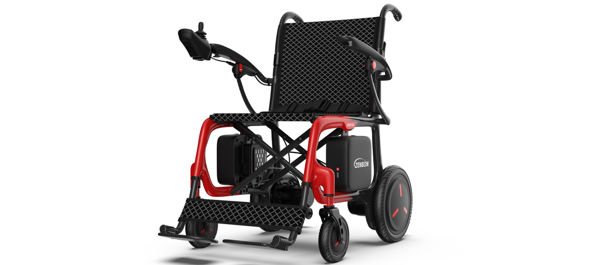 Front view of the ZENBON AeroLite carbon fiber electric wheelchair with interactive feature hotspots