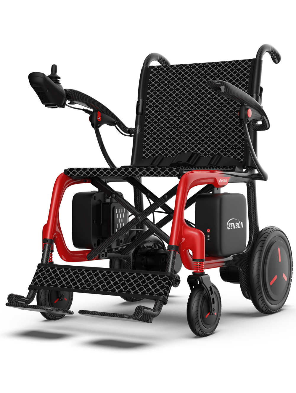Mobile view of the ZENBON AeroLite carbon fiber electric wheelchair with interactive feature hotspots