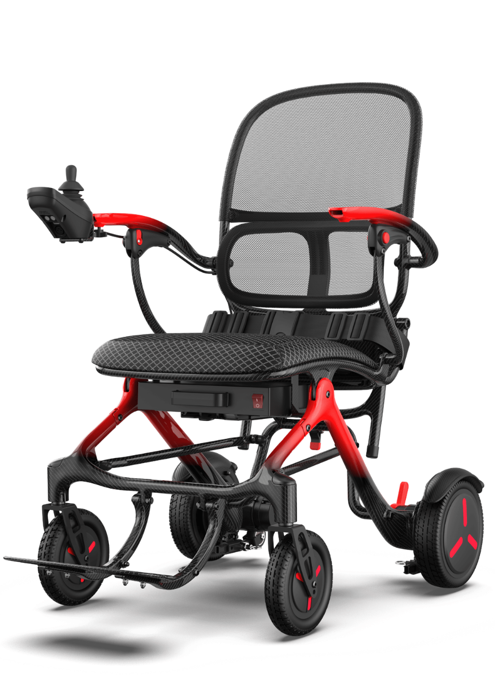 ZENBON AeroX carbon fiber electric wheelchair shown from the front three-quarter angle for mobile