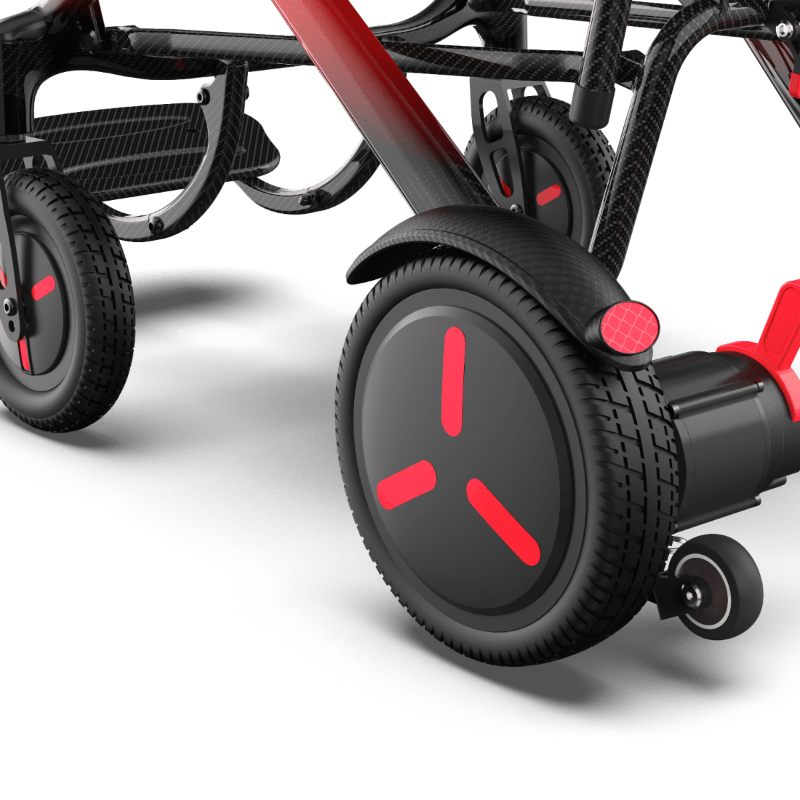 Close-up of the ZENBON AeroX PU flat-free rear tire and anti-tip wheel