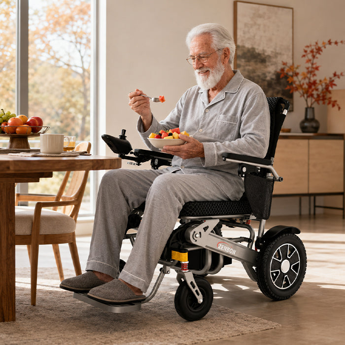 Adult using the ZENBON Flex electric wheelchair indoors for everyday mobility