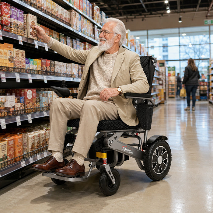 Adult using the ZENBON Flex folding electric wheelchair while shopping