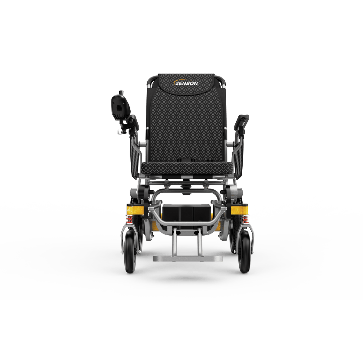 ZENBON Flex folding electric wheelchair front view with comfortable seating design