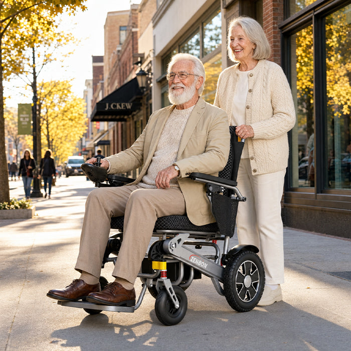 Couple using the ZENBON Flex outdoor electric wheelchair for everyday mobility