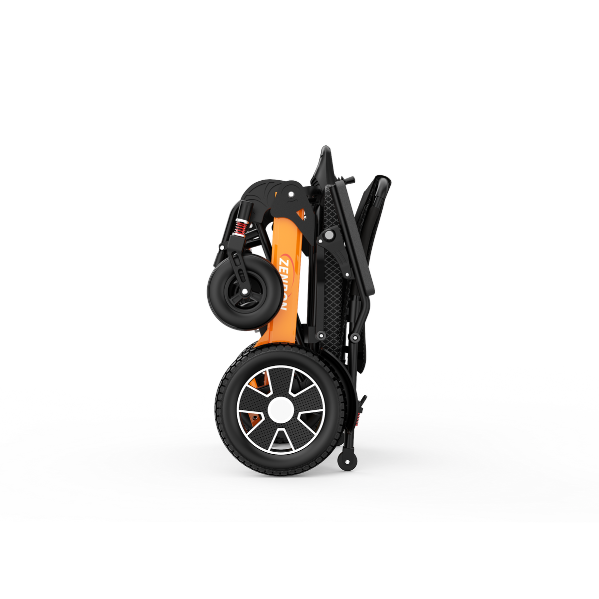ZENBON Flex Pro aluminum electric wheelchair folded upright for storage and transport