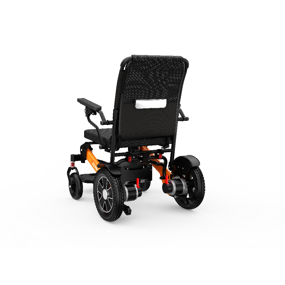 ZENBON Flex Pro aluminum folding electric wheelchair, rear three-quarter view