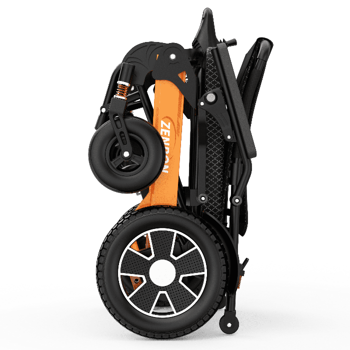 ZENBON Flex Pro aluminum electric wheelchair folded upright for compact storage