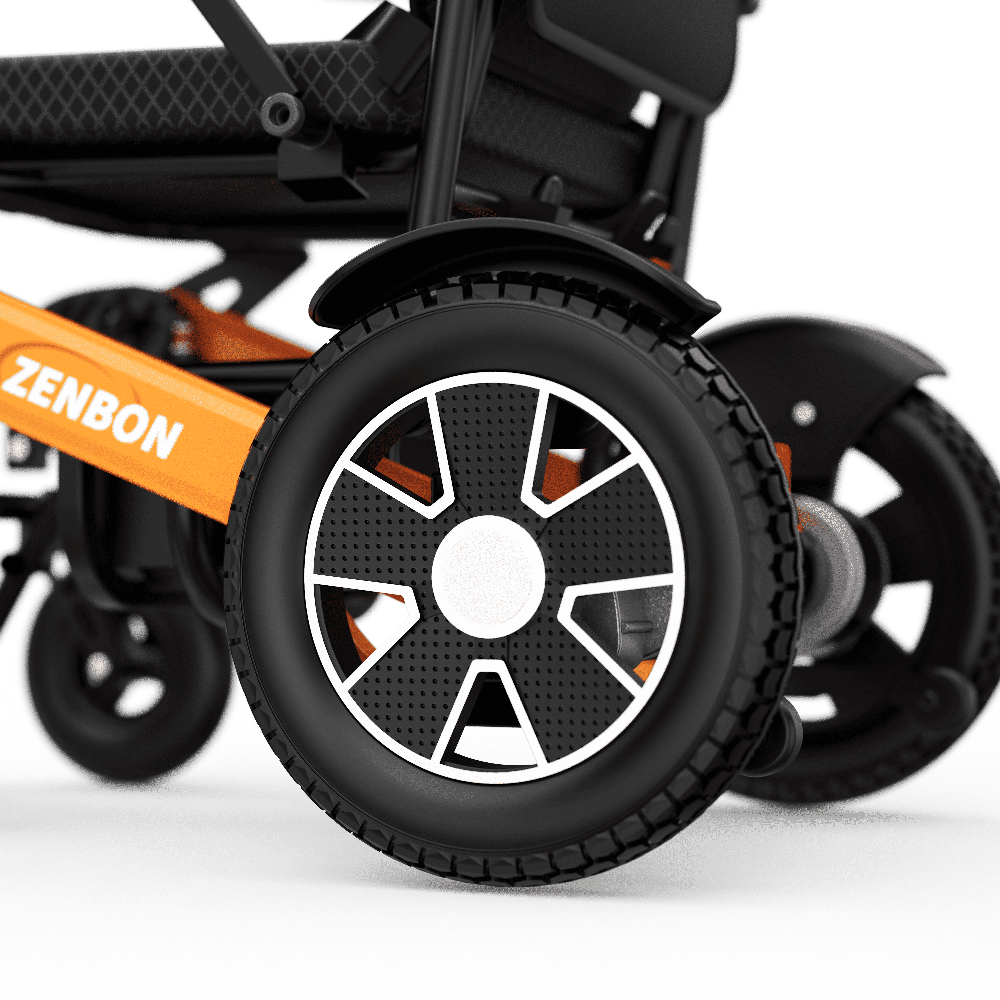 PU flat-free rear tire on the ZENBON Flex Pro electric wheelchair