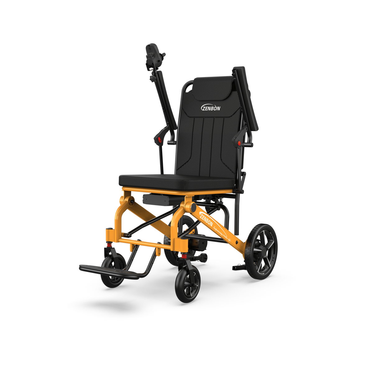 Rear three-quarter view of the ZENBON Flex Travel folding electric wheelchair