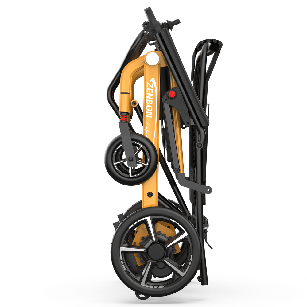 ZENBON Flex Travel electric wheelchair folded upright for compact storage