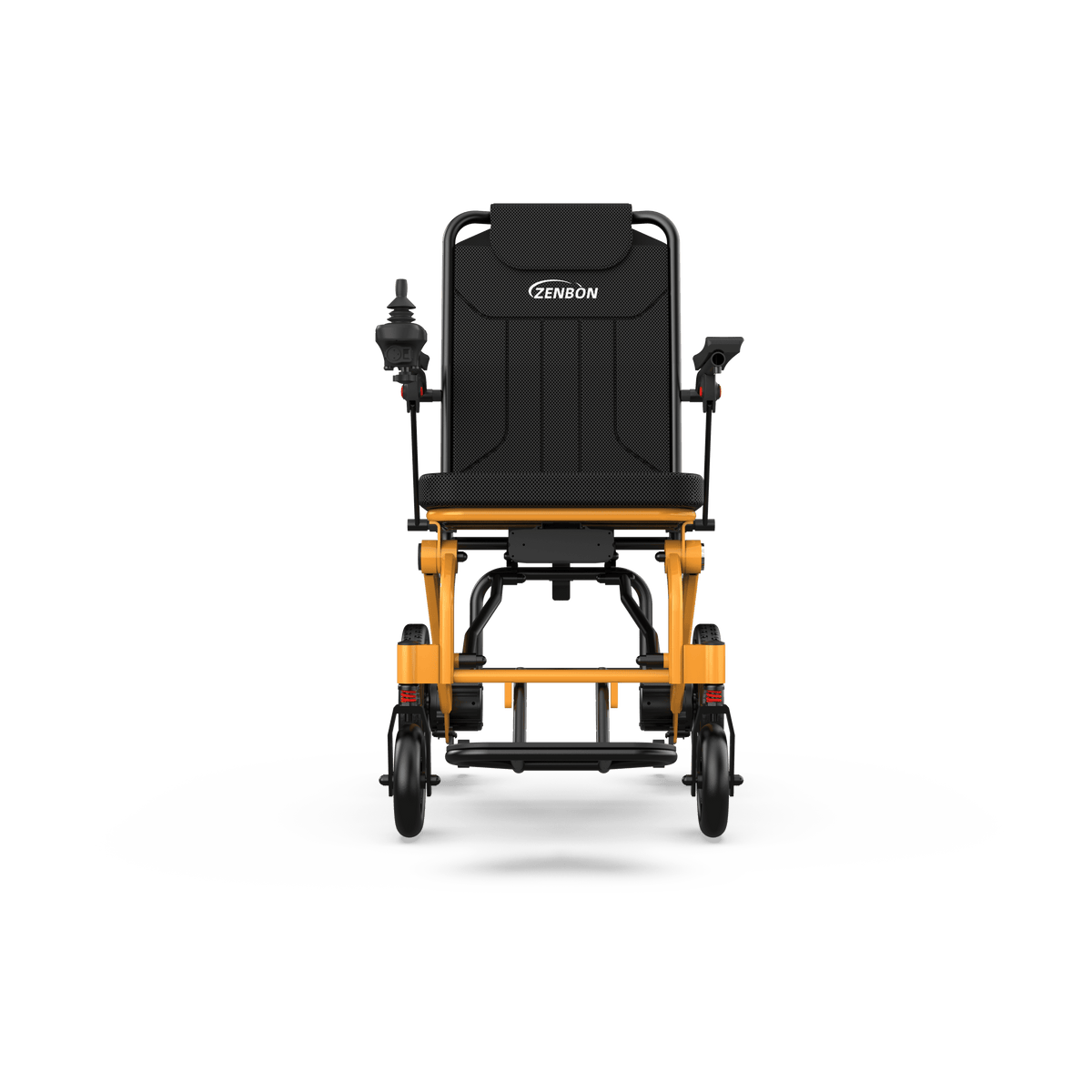 Front view of the ZENBON Flex Travel lightweight folding electric wheelchair