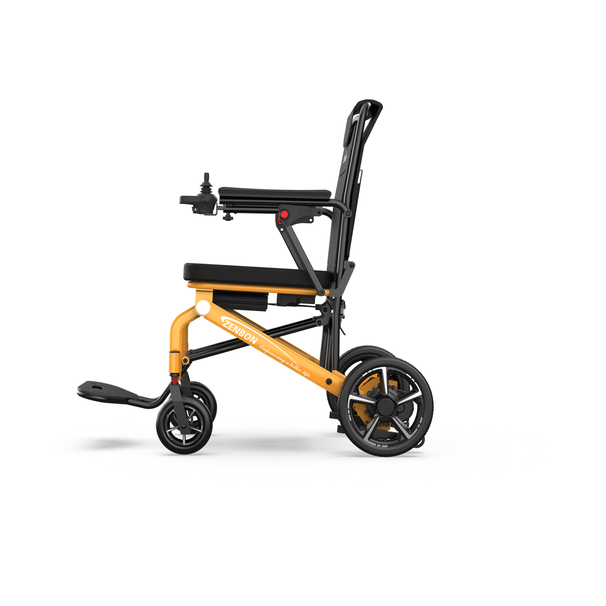 Side view of the ZENBON Flex Travel lightweight folding electric wheelchair