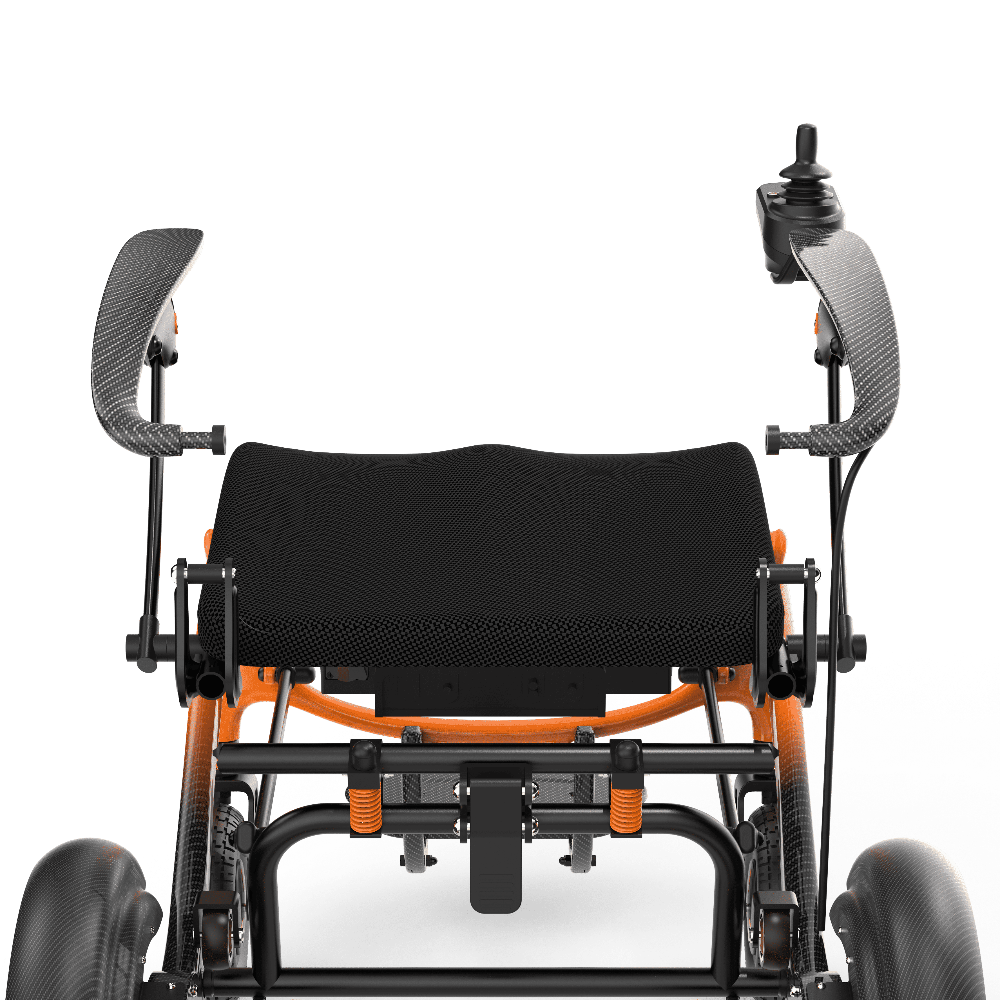 Carbon fiber and aluminum frame construction of the ZENBON FoldX electric wheelchair