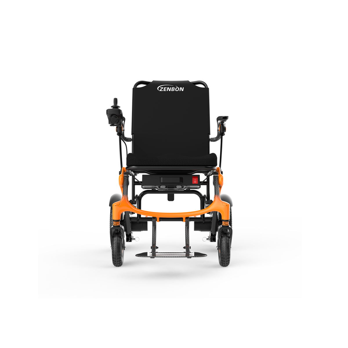 Rear view of the ZENBON FoldX compact folding electric wheelchair