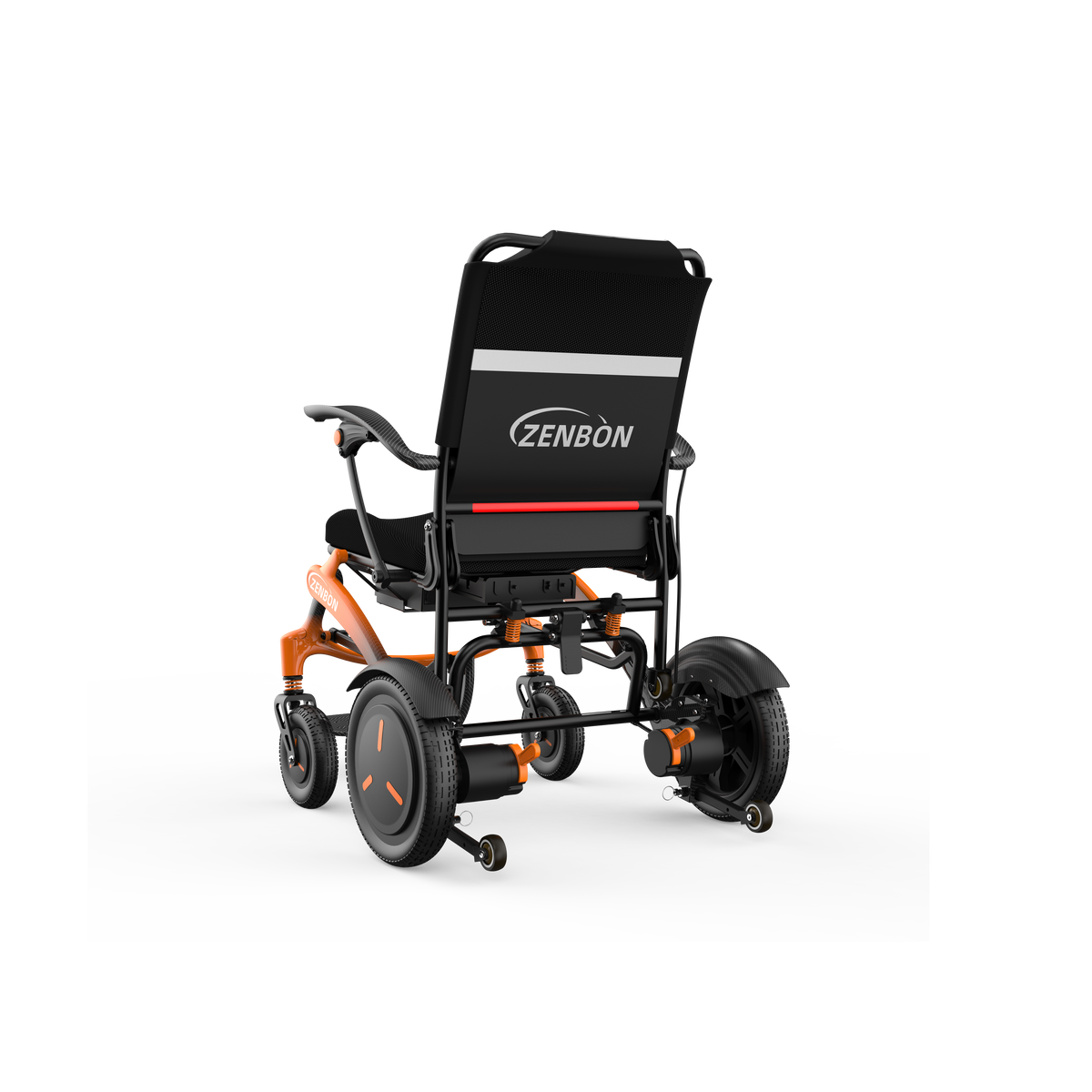 ZENBON FoldX compact electric wheelchair shown from the rear three-quarter angle