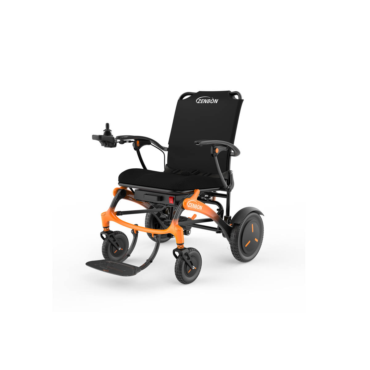 Right-side view of the ZENBON FoldX compact folding electric wheelchair