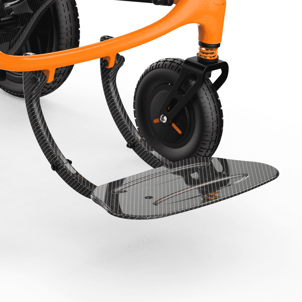 Front suspension and footrest on the ZENBON FoldX electric wheelchair
