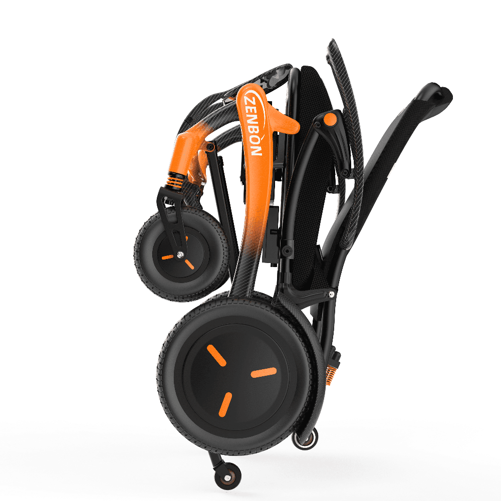 Folded ZENBON FoldX compact electric wheelchair for storage and transport