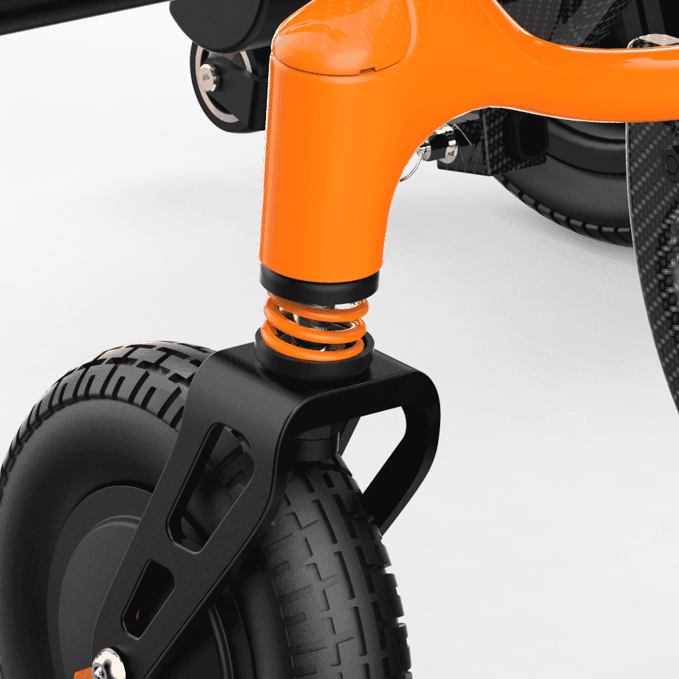 Front suspension and wheel detail of the ZENBON FoldX electric wheelchair