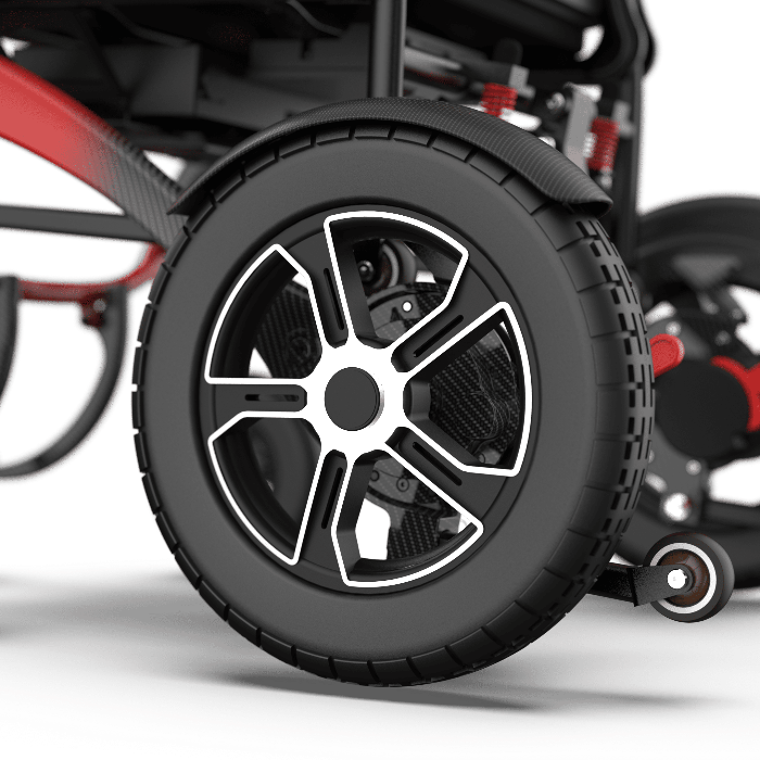 PU flat-free rear tire on the ZENBON FoldX Pro Compact Electric Wheelchair