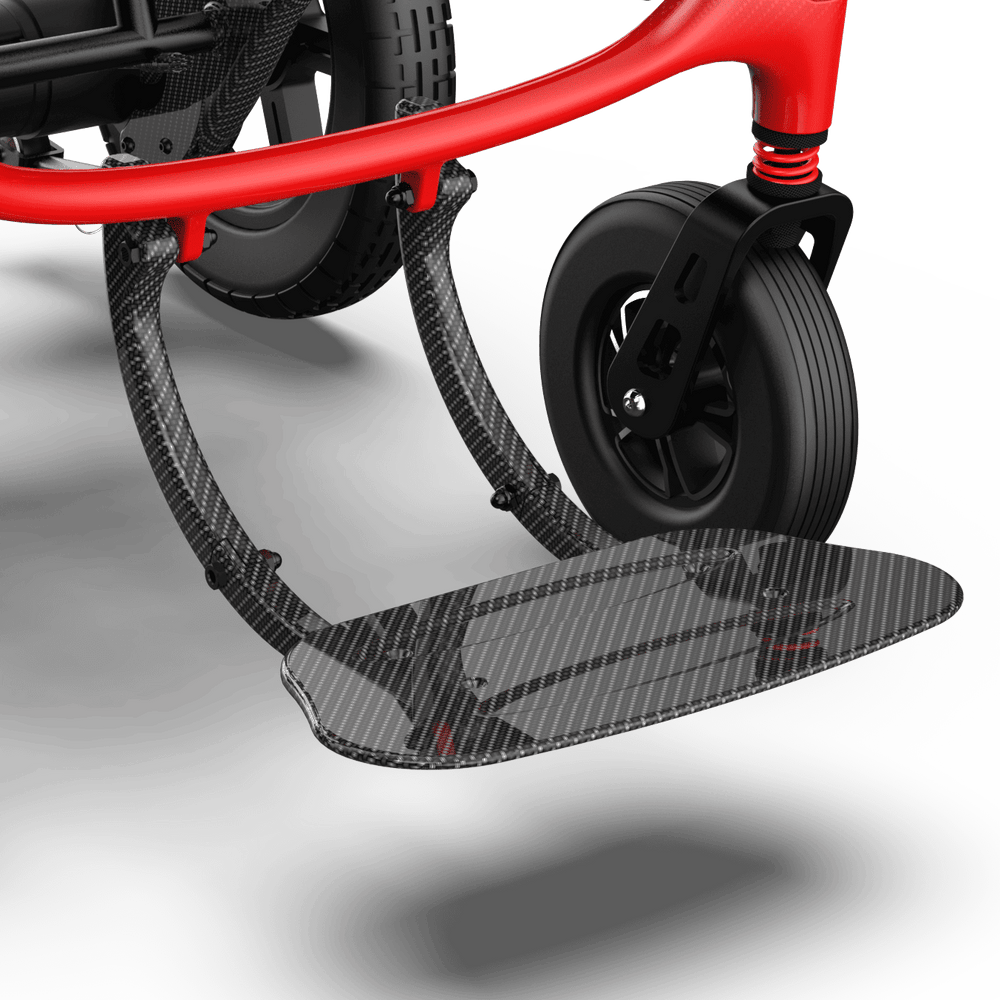 Front suspension and footrest on the ZENBON FoldX Pro Compact Electric Wheelchair