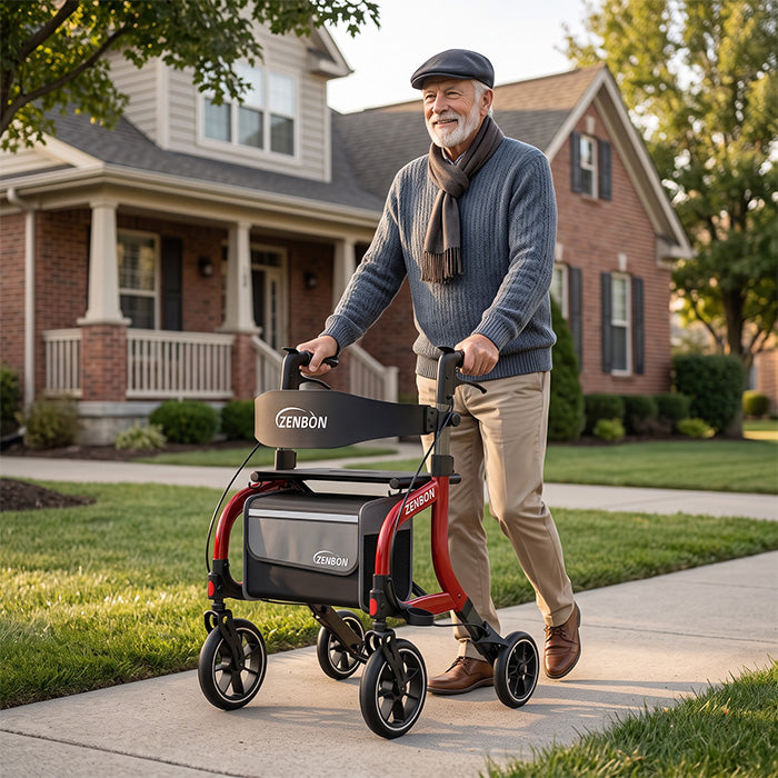 Senior using ZENBON Stride Pro red rollator walker on a neighborhood walk