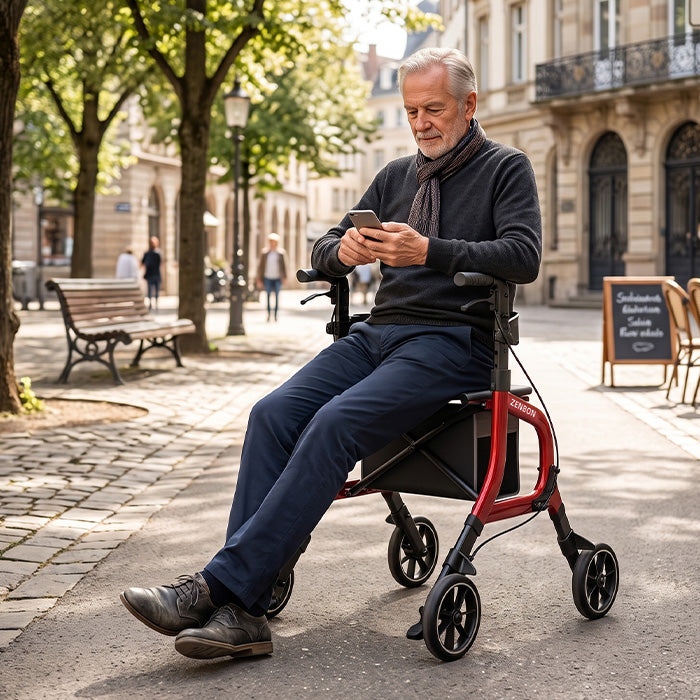 Senior resting on ZENBON Stride Pro red rollator walker seat outdoors