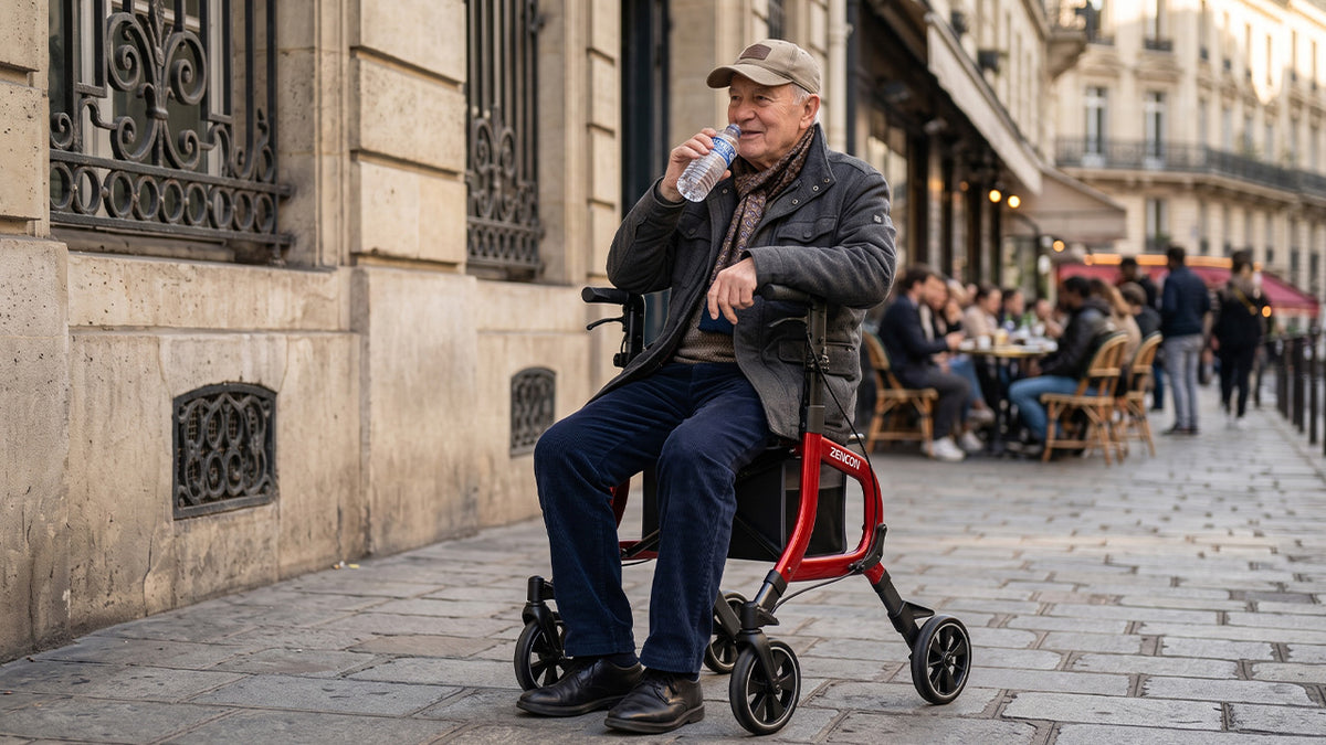 Senior resting on ZENBON Stride Pro rollator walker with seat in the city