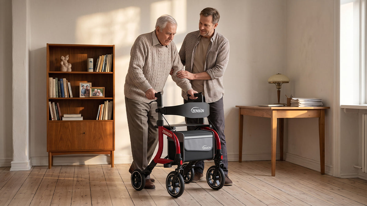 Senior using ZENBON Stride Pro rollator walker with support at home
