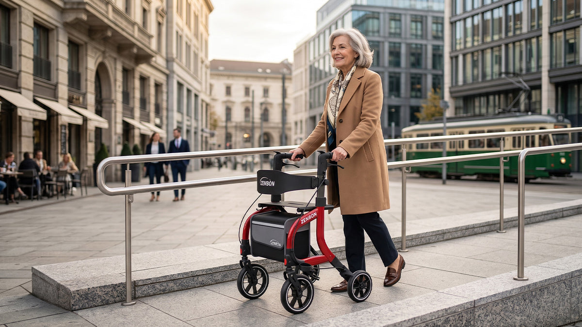 Senior using ZENBON Stride Pro rollator walker for outdoor city walking