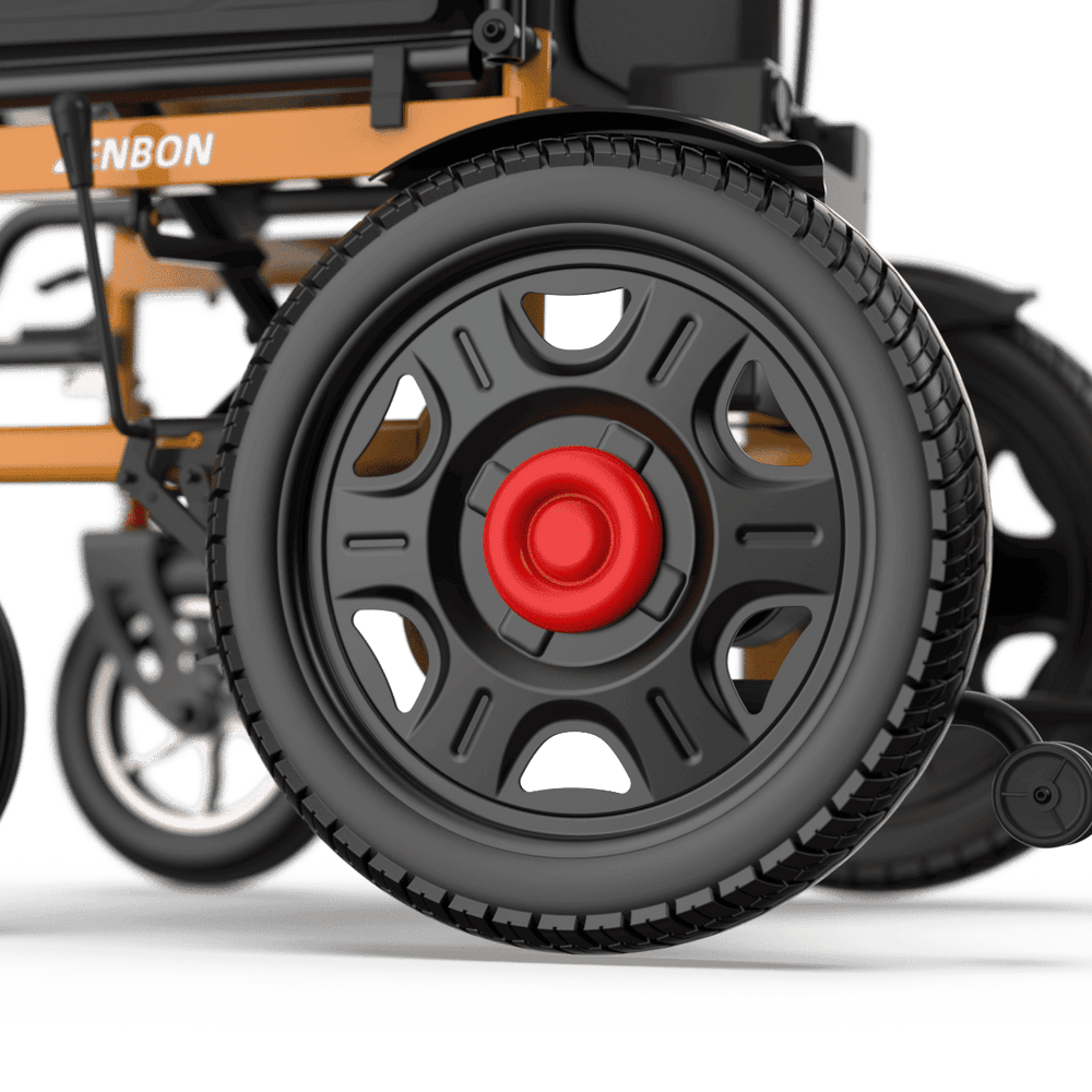 PU flat-free rear tire on the ZENBON Titan Pro electric wheelchair